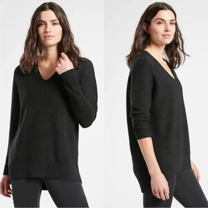 Athleta Women Black Hanover Merino Extra Fine Wool Blend V Neck Sweater Size XS